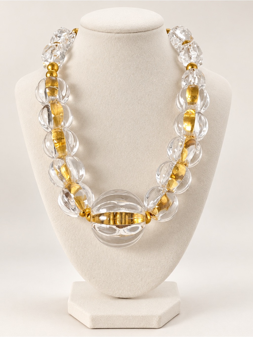 Roman Crystal Clear & Gold Statement Necklace Oversized Beaded Design